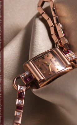 艶やかなローズ色 総金無垢グリュエンの女性用アンティーク腕時計 ダイヤ&ルビー 【1940年頃】-W1665-6