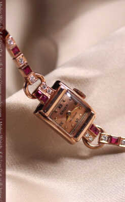 艶やかなローズ色 総金無垢グリュエンの女性用アンティーク腕時計 ダイヤ&ルビー 【1940年頃】-W1665-7