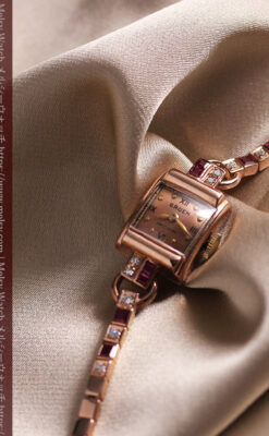 艶やかなローズ色 総金無垢グリュエンの女性用アンティーク腕時計 ダイヤ&ルビー 【1940年頃】-W1665-8