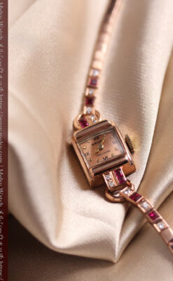 艶やかなローズ色 総金無垢グリュエンの女性用アンティーク腕時計 ダイヤ&ルビー 【1940年頃】-W1665-9