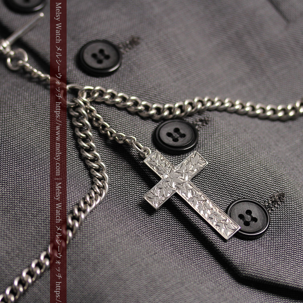 銀の十字架&銀無垢アンティーク懐中時計チェーン ダブルアルバート-C0530-2