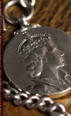 エリザベス女王戴冠記念メダル付きの銀無垢アンティーク懐中時計チェーン-C0531-1