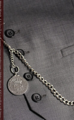 エリザベス女王戴冠記念メダル付きの銀無垢アンティーク懐中時計チェーン-C0531-10