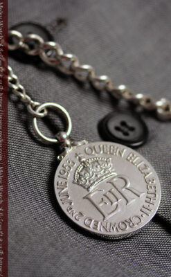 エリザベス女王戴冠記念メダル付きの銀無垢アンティーク懐中時計チェーン-C0531-11