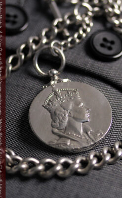 エリザベス女王戴冠記念メダル付きの銀無垢アンティーク懐中時計チェーン-C0531-13