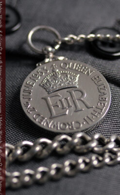エリザベス女王戴冠記念メダル付きの銀無垢アンティーク懐中時計チェーン-C0531-14