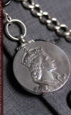 エリザベス女王戴冠記念メダル付きの銀無垢アンティーク懐中時計チェーン-C0531-15