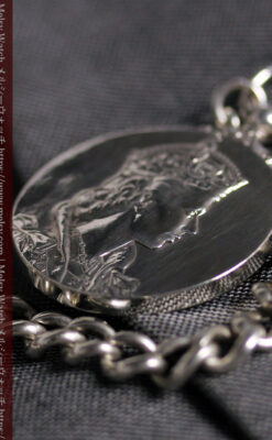 エリザベス女王戴冠記念メダル付きの銀無垢アンティーク懐中時計チェーン-C0531-16