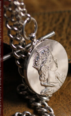 エリザベス女王戴冠記念メダル付きの銀無垢アンティーク懐中時計チェーン-C0531-3