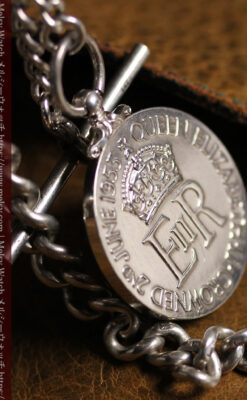 エリザベス女王戴冠記念メダル付きの銀無垢アンティーク懐中時計チェーン-C0531-4