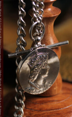 エリザベス女王戴冠記念メダル付きの銀無垢アンティーク懐中時計チェーン-C0531-5