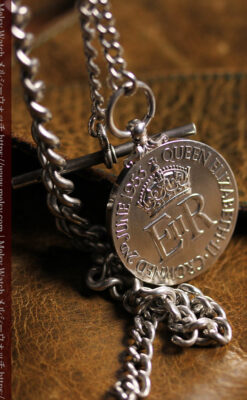 エリザベス女王戴冠記念メダル付きの銀無垢アンティーク懐中時計チェーン-C0531-6