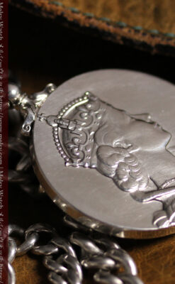 エリザベス女王戴冠記念メダル付きの銀無垢アンティーク懐中時計チェーン-C0531-7