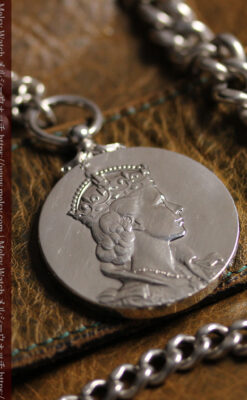 エリザベス女王戴冠記念メダル付きの銀無垢アンティーク懐中時計チェーン-C0531-8