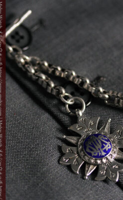 ロイヤルブルーの銀飾り付き 銀無垢アンティーク懐中時計チェーン-C0532-11