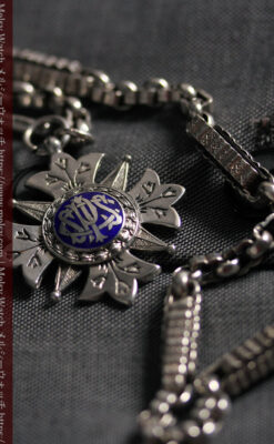 ロイヤルブルーの銀飾り付き 銀無垢アンティーク懐中時計チェーン-C0532-13