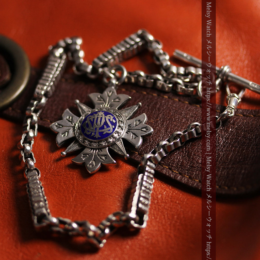 ロイヤルブルーの銀飾り付き 銀無垢アンティーク懐中時計チェーン-C0532-5