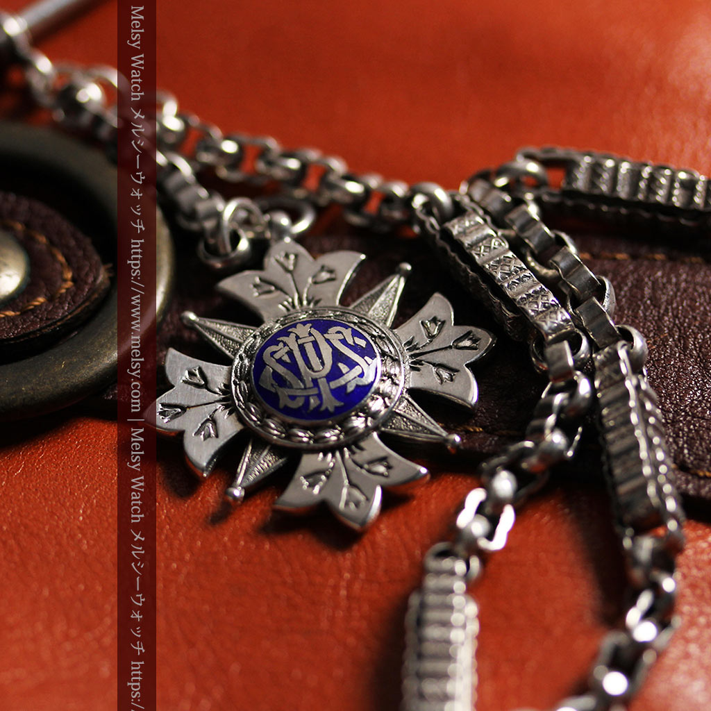 ロイヤルブルーの銀飾り付き 銀無垢アンティーク懐中時計チェーン-C0532-7