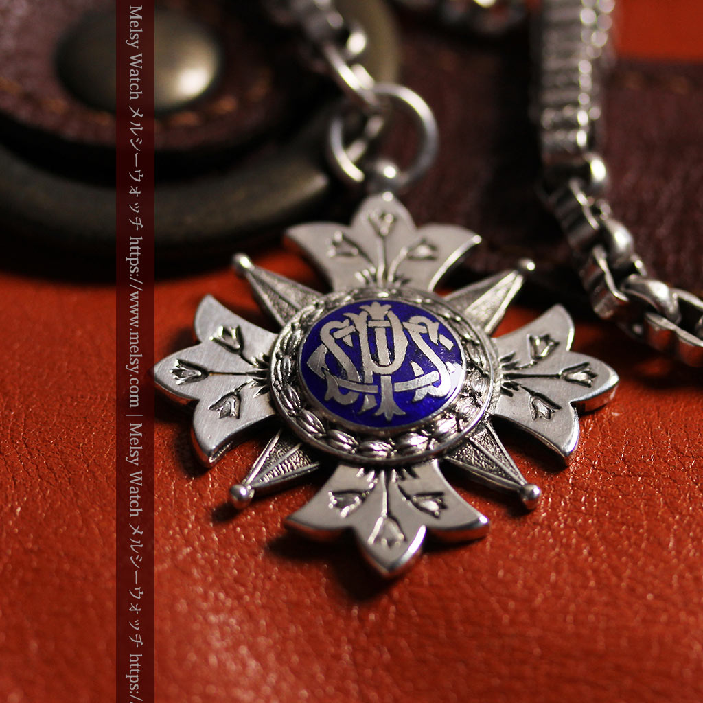 ロイヤルブルーの銀飾り付き 銀無垢アンティーク懐中時計チェーン-C0532-8