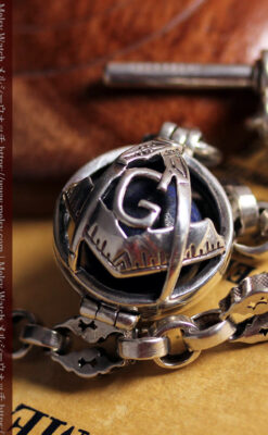 フリーメイソンの銀飾り付き 銀無垢アンティーク懐中時計チェーン-C0533-1