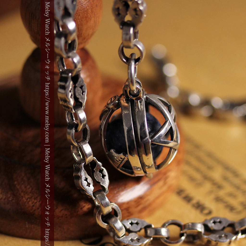 フリーメイソンの銀飾り付き 銀無垢アンティーク懐中時計チェーン-C0533-10