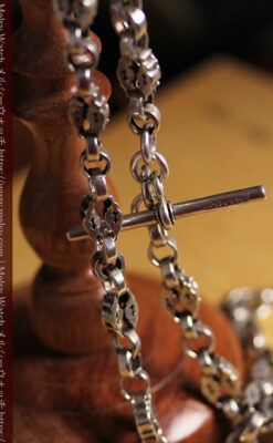 フリーメイソンの銀飾り付き 銀無垢アンティーク懐中時計チェーン-C0533-11