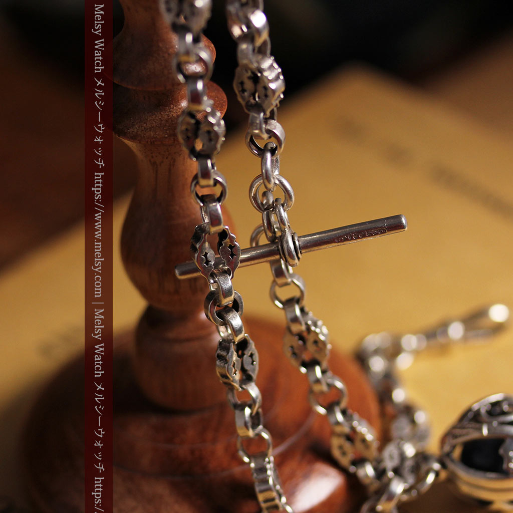 フリーメイソンの銀飾り付き 銀無垢アンティーク懐中時計チェーン-C0533-11