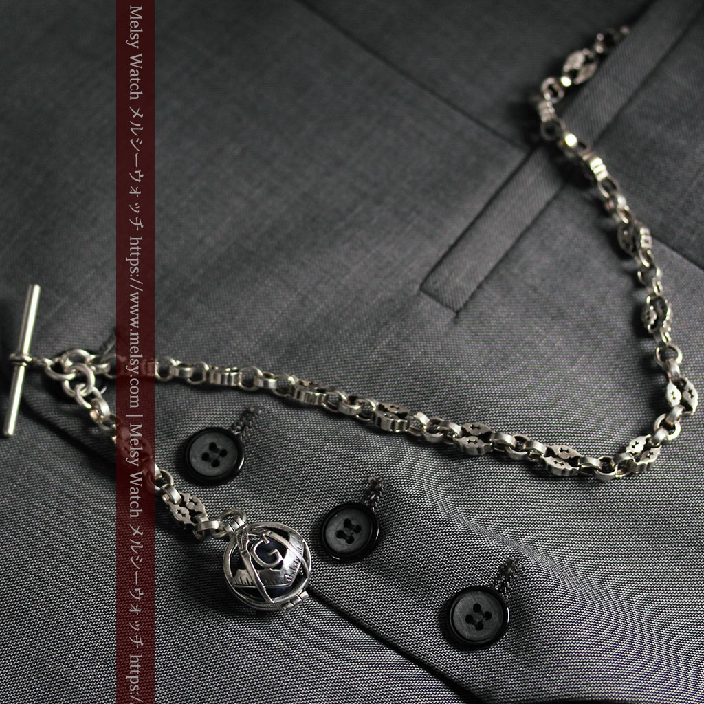 フリーメイソンの銀飾り付き 銀無垢アンティーク懐中時計チェーン-C0533-12