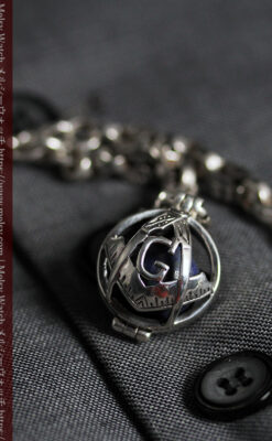 フリーメイソンの銀飾り付き 銀無垢アンティーク懐中時計チェーン-C0533-13