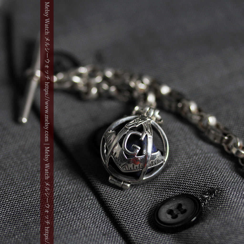 フリーメイソンの銀飾り付き 銀無垢アンティーク懐中時計チェーン-C0533-13