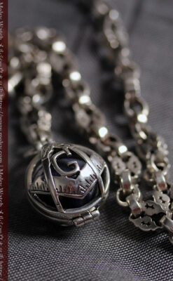 フリーメイソンの銀飾り付き 銀無垢アンティーク懐中時計チェーン-C0533-15