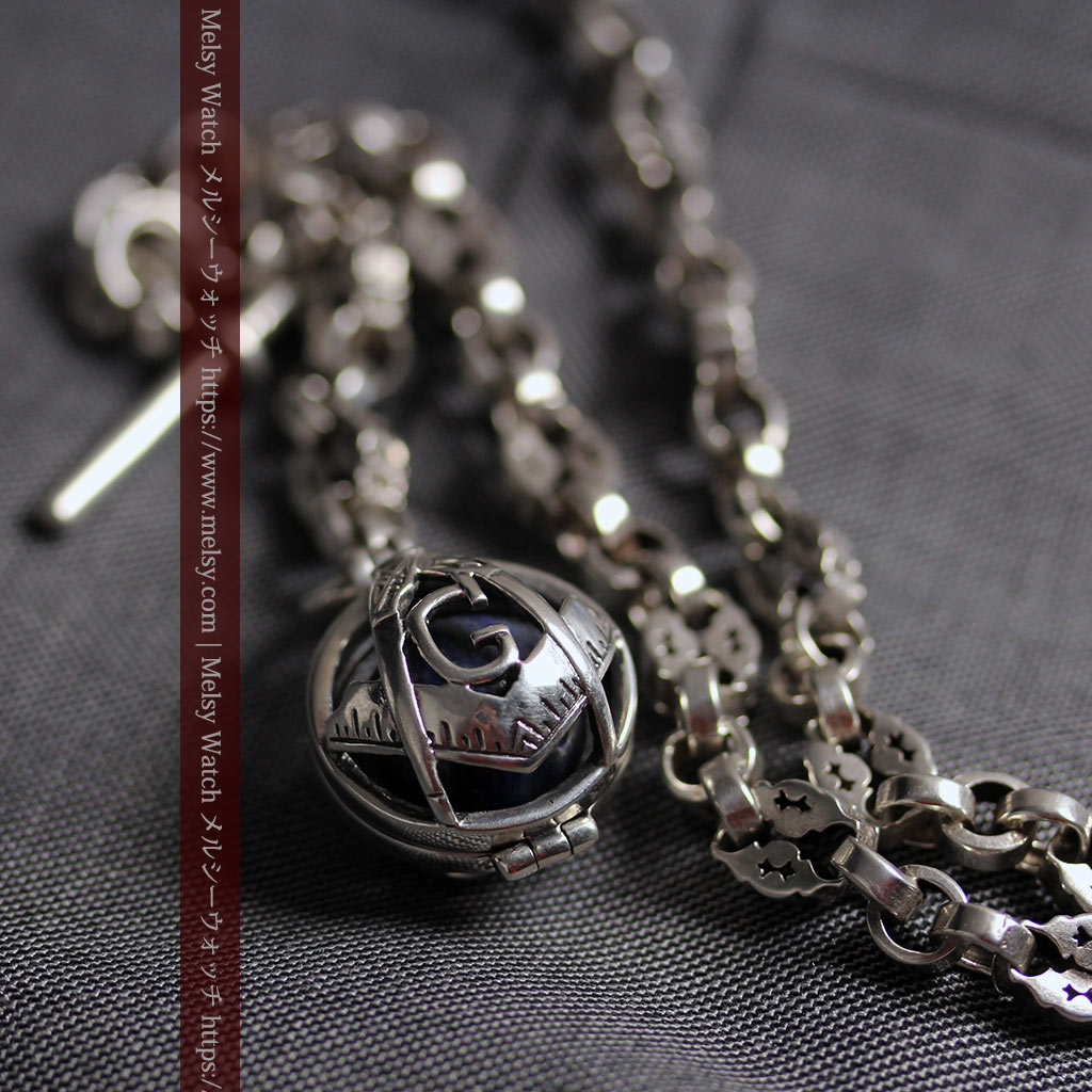 フリーメイソンの銀飾り付き 銀無垢アンティーク懐中時計チェーン-C0533-15