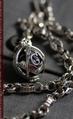 フリーメイソンの銀飾り付き 銀無垢アンティーク懐中時計チェーン-C0533-16