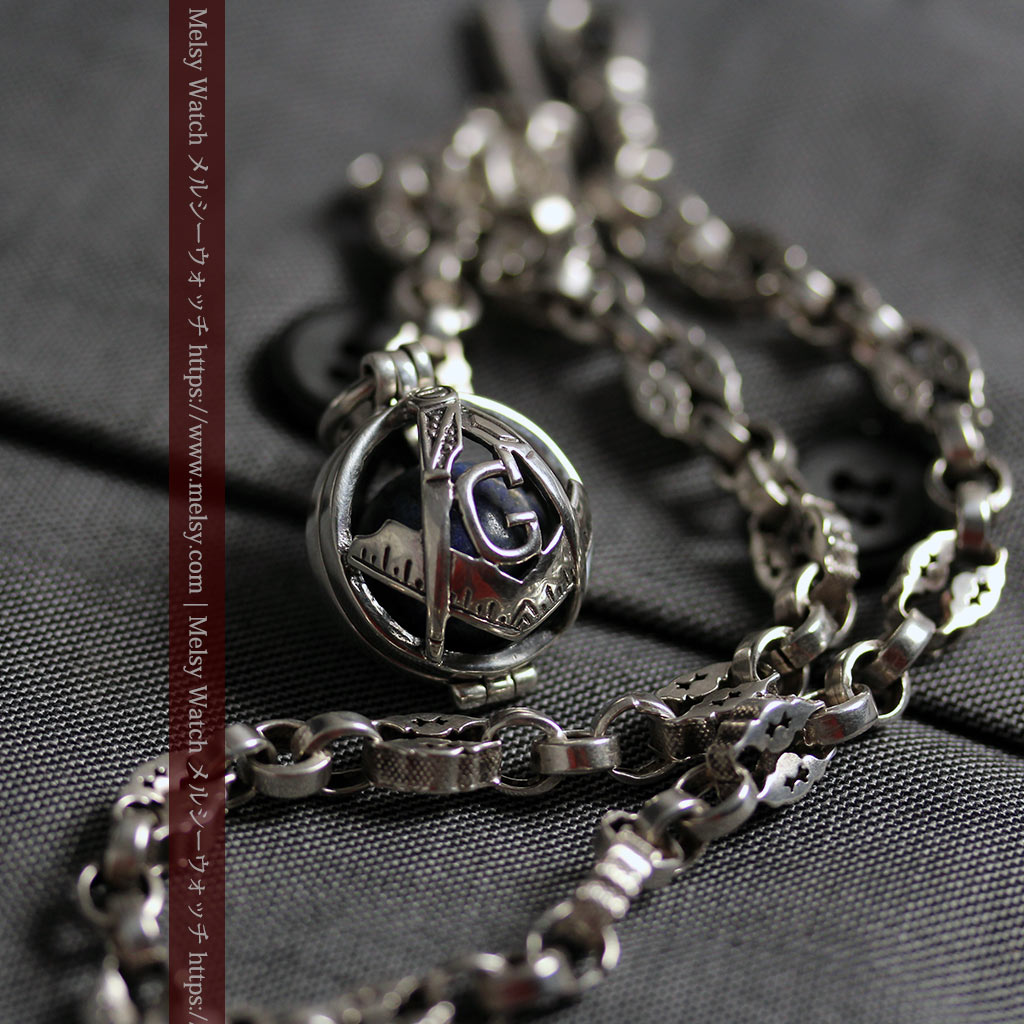 フリーメイソンの銀飾り付き 銀無垢アンティーク懐中時計チェーン-C0533-16