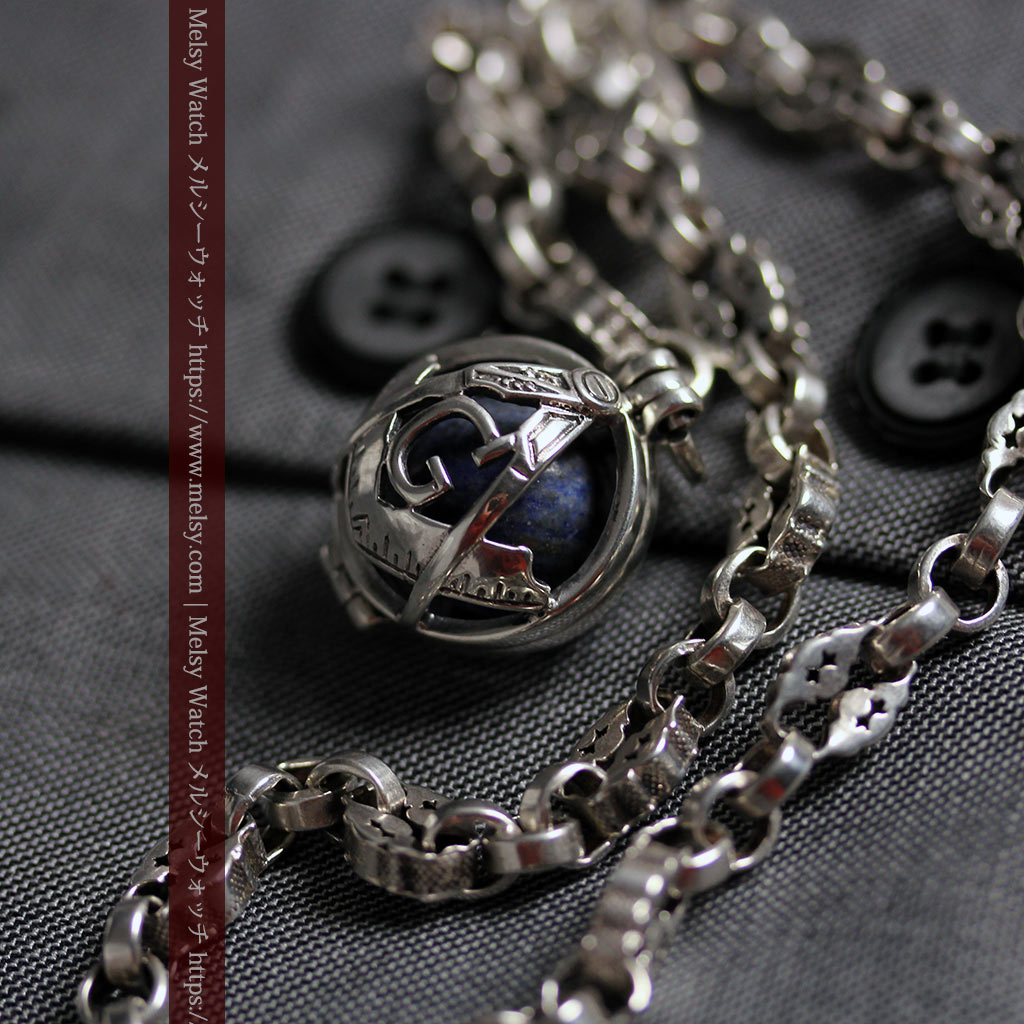 フリーメイソンの銀飾り付き 銀無垢アンティーク懐中時計チェーン-C0533-17