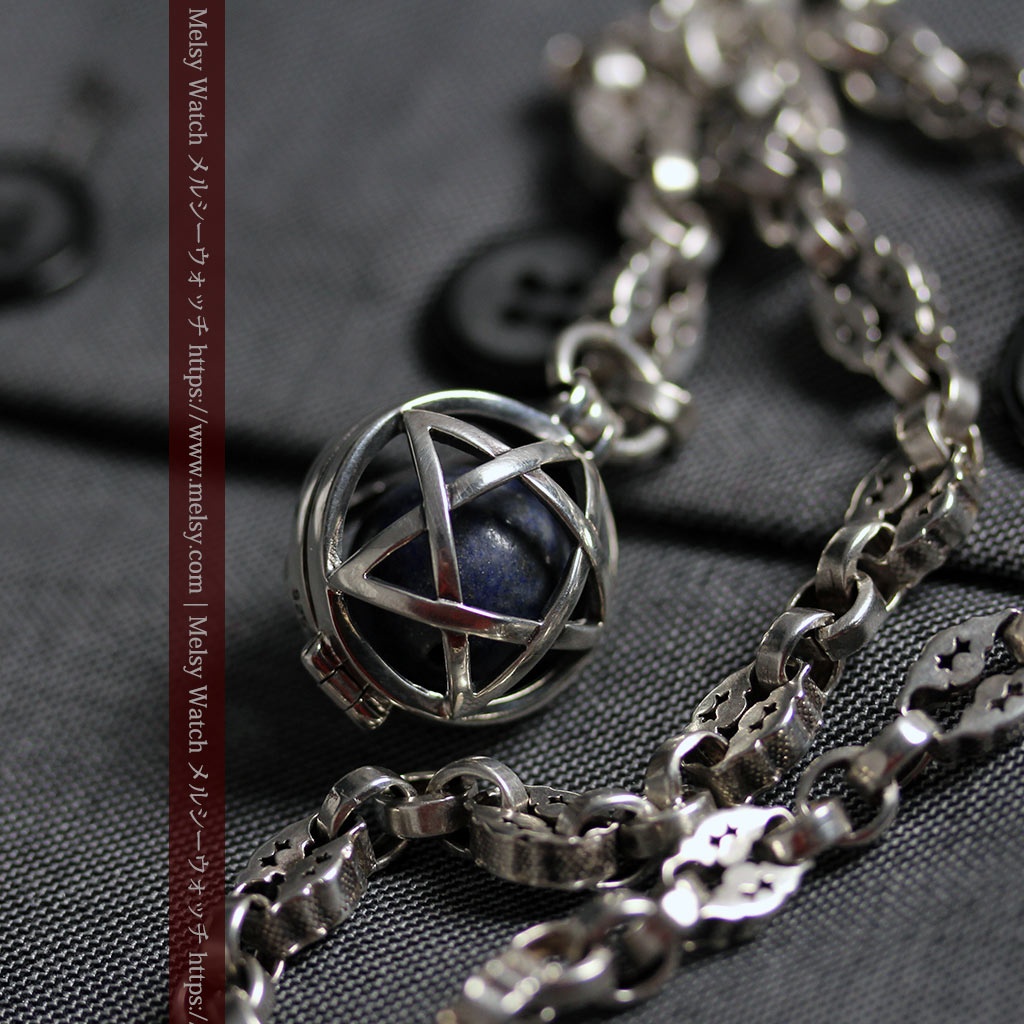 フリーメイソンの銀飾り付き 銀無垢アンティーク懐中時計チェーン-C0533-18