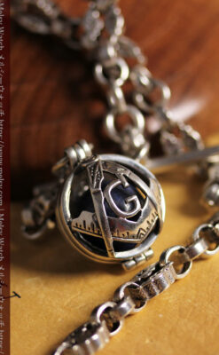 フリーメイソンの銀飾り付き 銀無垢アンティーク懐中時計チェーン-C0533-3