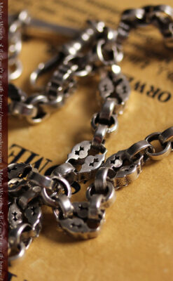 フリーメイソンの銀飾り付き 銀無垢アンティーク懐中時計チェーン-C0533-4