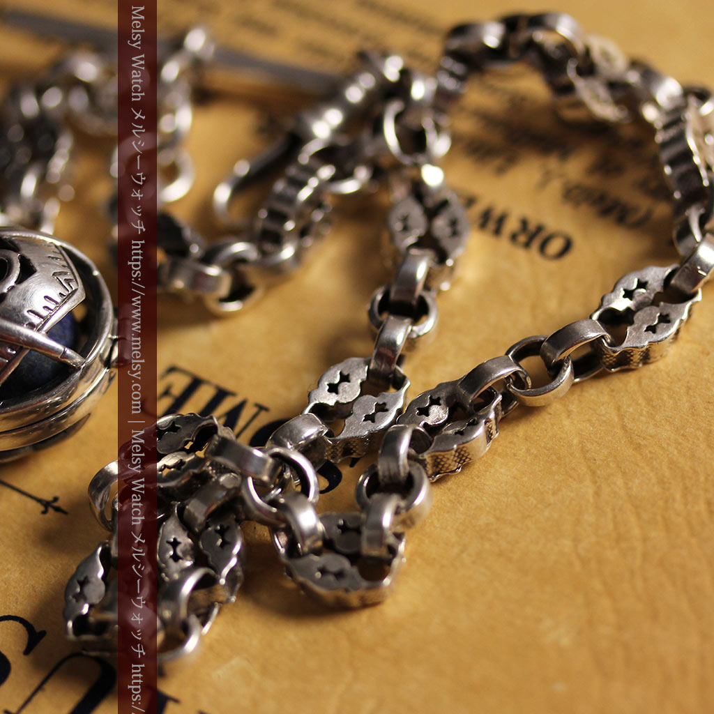 フリーメイソンの銀飾り付き 銀無垢アンティーク懐中時計チェーン-C0533-4