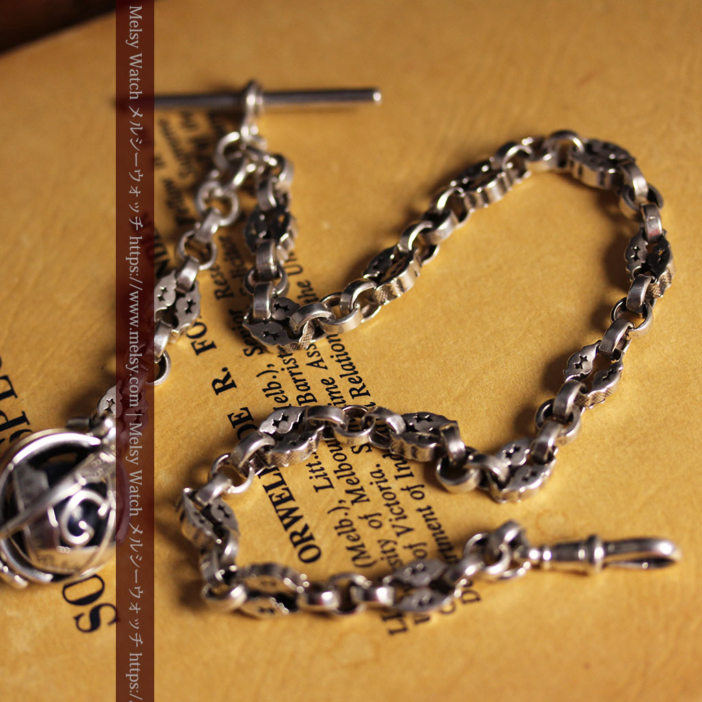 フリーメイソンの銀飾り付き 銀無垢アンティーク懐中時計チェーン-C0533-5