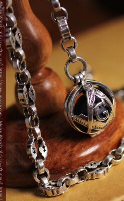 フリーメイソンの銀飾り付き 銀無垢アンティーク懐中時計チェーン-C0533-7