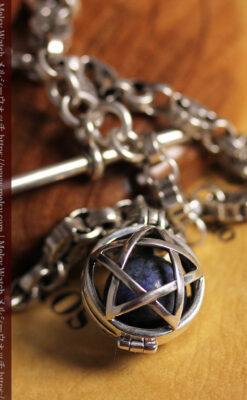 フリーメイソンの銀飾り付き 銀無垢アンティーク懐中時計チェーン-C0533-8