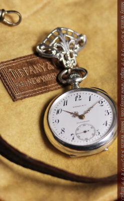 ティファニー 銀無垢アンティーク懐中時計 【1908年頃】銀留めと革紐付き-P2405-1