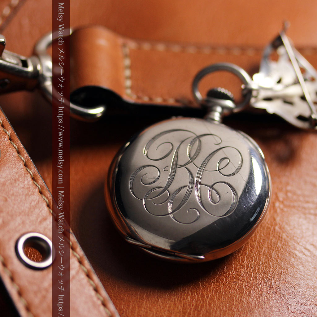 ティファニー 銀無垢アンティーク懐中時計 【1908年頃】銀留めと革紐付き-P2405-10