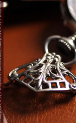 ティファニー 銀無垢アンティーク懐中時計 【1908年頃】銀留めと革紐付き-P2405-11