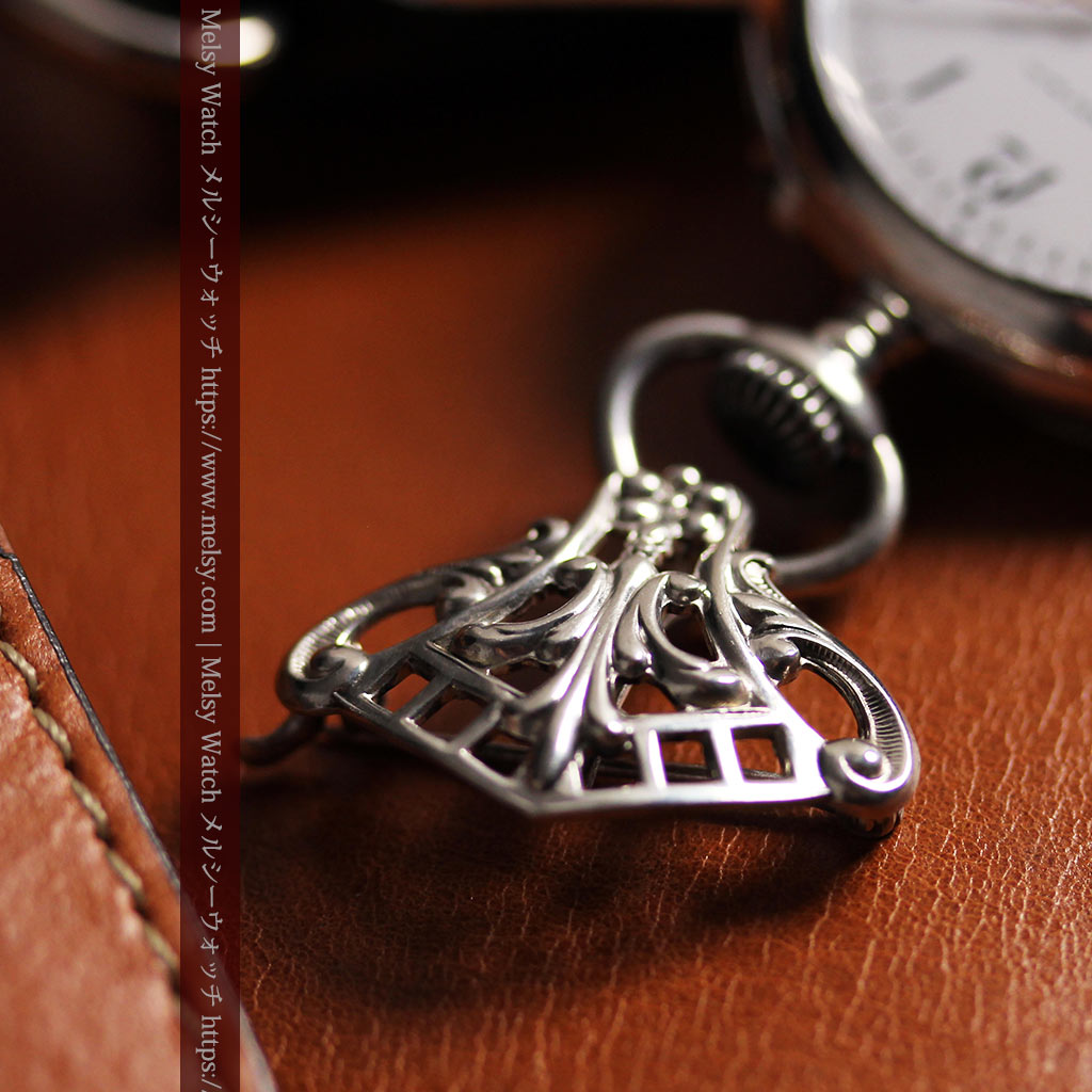 ティファニー 銀無垢アンティーク懐中時計 【1908年頃】銀留めと革紐付き-P2405-11