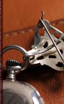 ティファニー 銀無垢アンティーク懐中時計 【1908年頃】銀留めと革紐付き-P2405-12