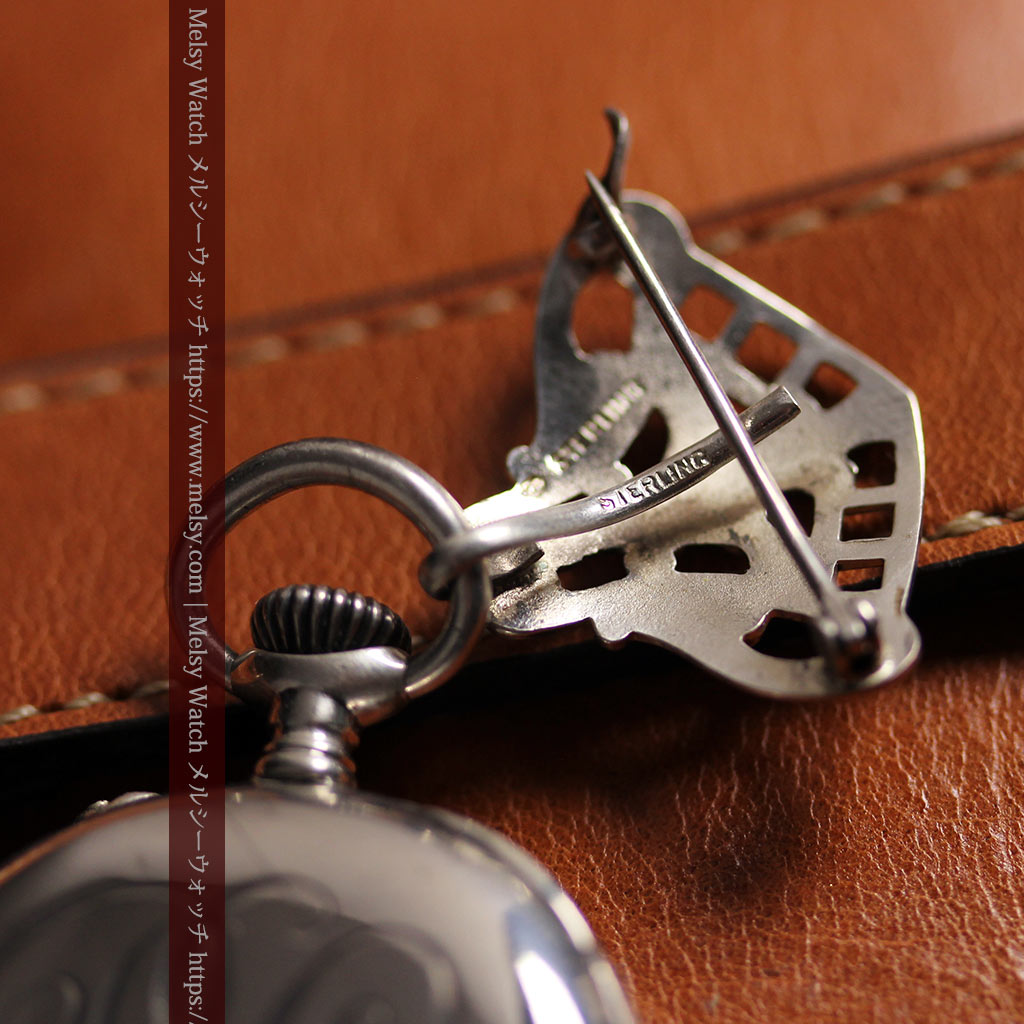 ティファニー 銀無垢アンティーク懐中時計 【1908年頃】銀留めと革紐付き-P2405-12