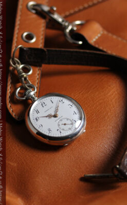 ティファニー 銀無垢アンティーク懐中時計 【1908年頃】銀留めと革紐付き-P2405-13