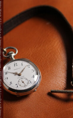 ティファニー 銀無垢アンティーク懐中時計 【1908年頃】銀留めと革紐付き-P2405-14